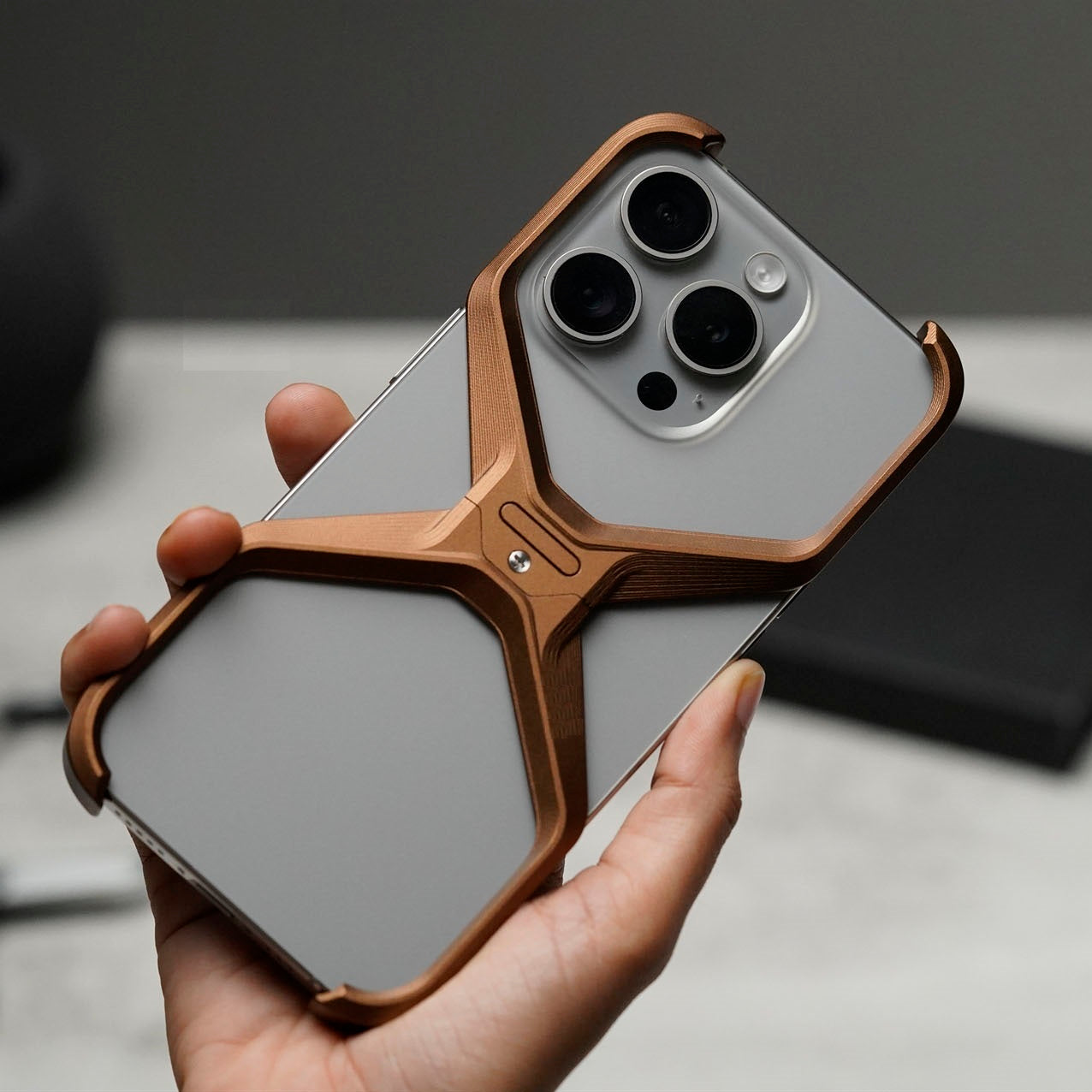 iPhone 16 Pro Max X Shape Metal Case Super Slim Premium Metal Luxury Aluminum Frameless X Shaped Case - Desert Titanium